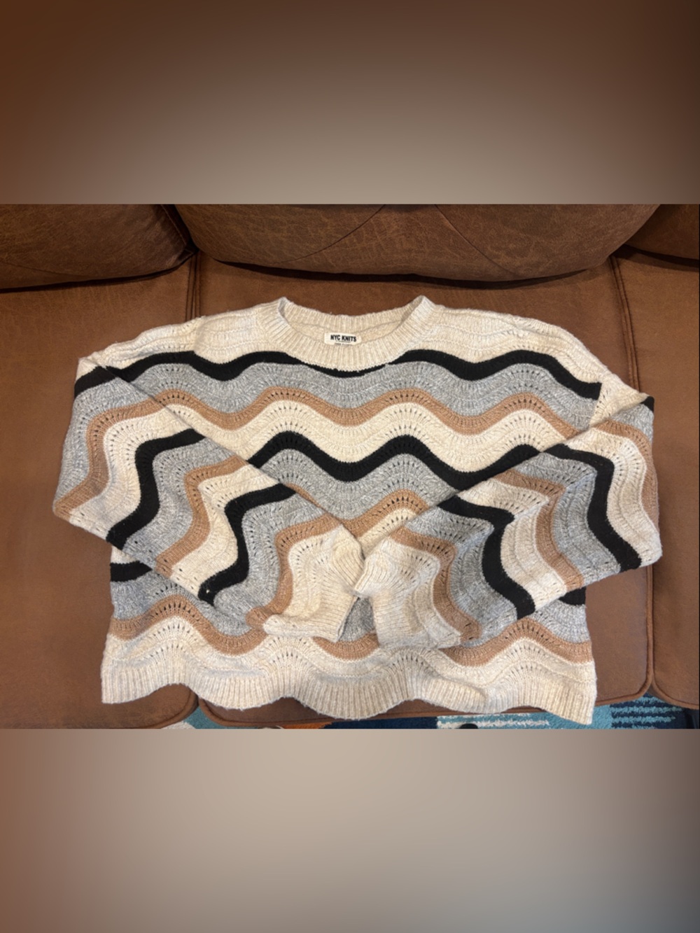 Wavy Stripe Crewneck Sweater in Beige, Black & Gray